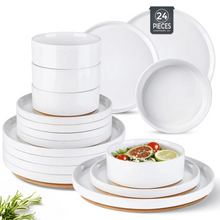 Load image into Gallery viewer, AmorArc Ceramic Dinnerware Set for 8 | Speckled Stoneware Plates and Bowls with unglazed terracotta | Scratch Resistant, Dishwasher &amp; Microwave Safe ,Service for 8 Dishes Set(24pcs),White
