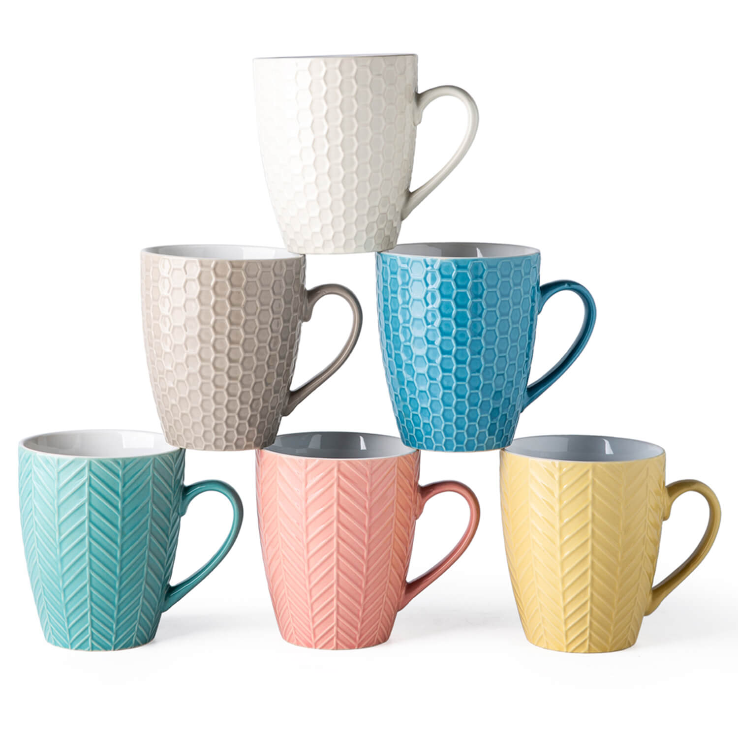 18 oz coffee mug set Ceramic Coffee Mugs with Multi Textured Patterns 18oz Set of 6 -ACM007