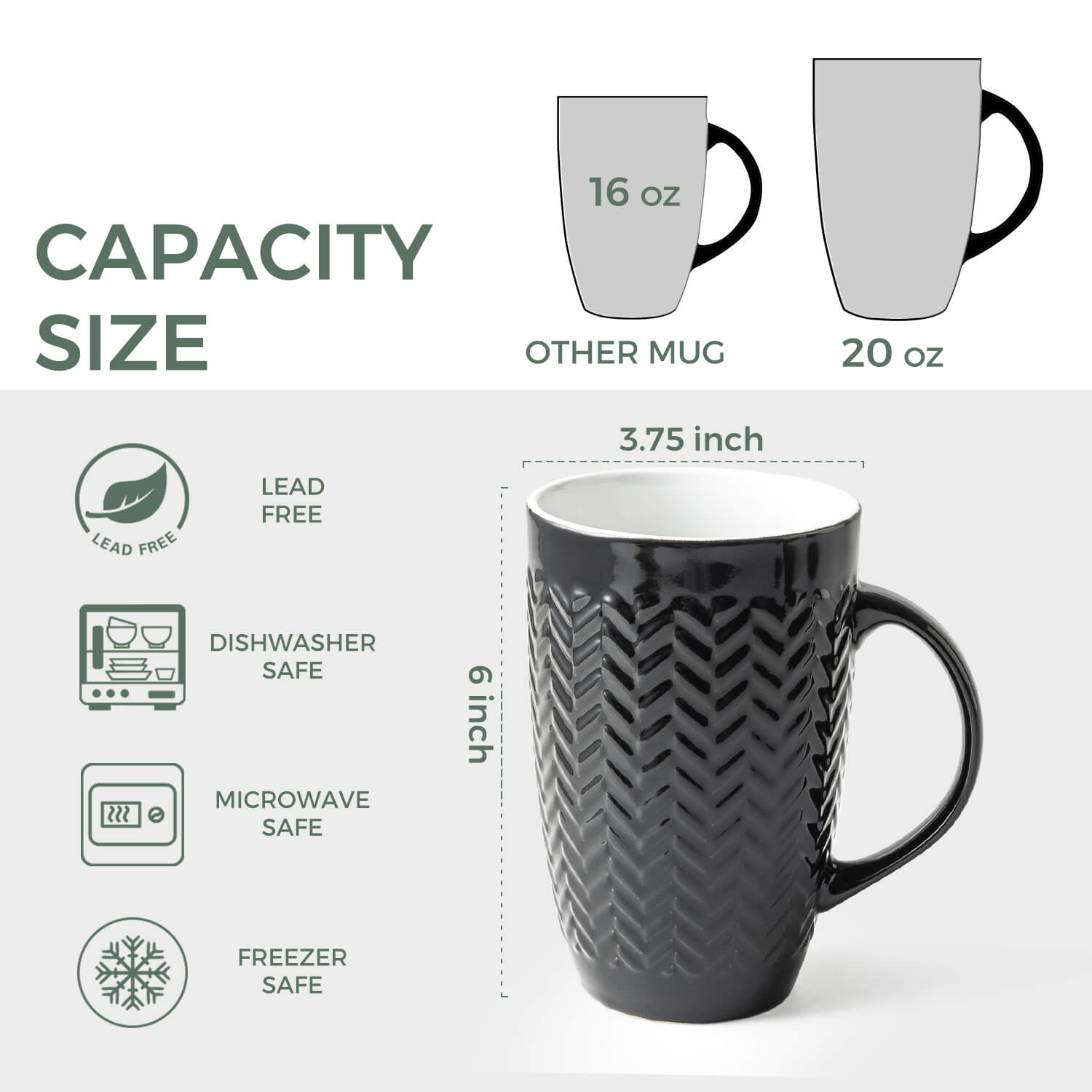 Ceramic Tall Coffee Mugs with Geometric Patterns 20OZ Set of 6