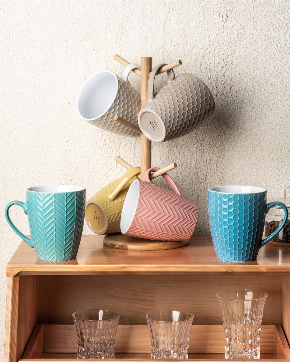Ceramic Coffee Mugs with Multi Textured Patterns 18oz Set of 6 -ACM007