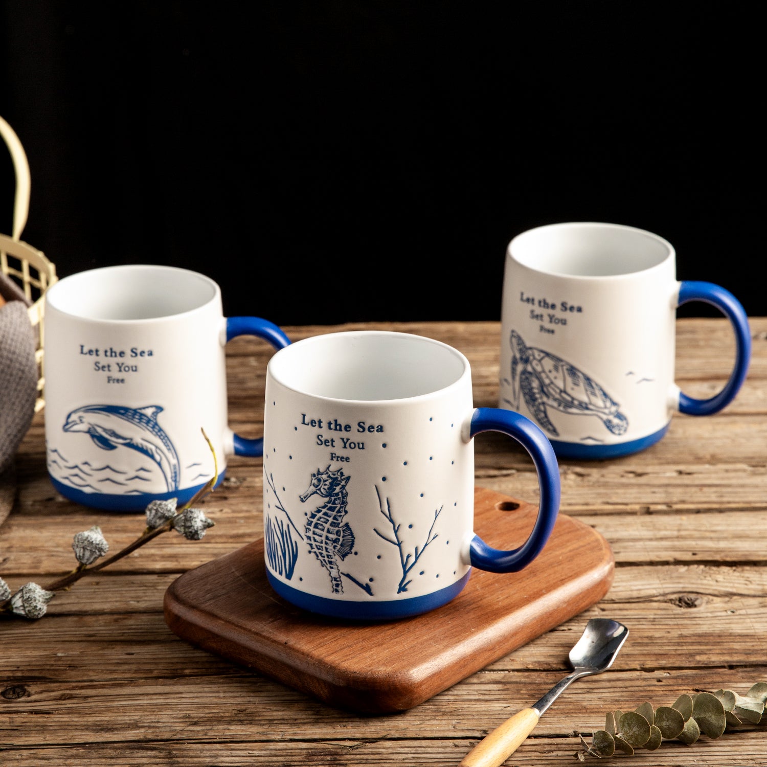 Ceramic Coffee Mugs with Sea Life Textured Patterns 18OZ Set of 6